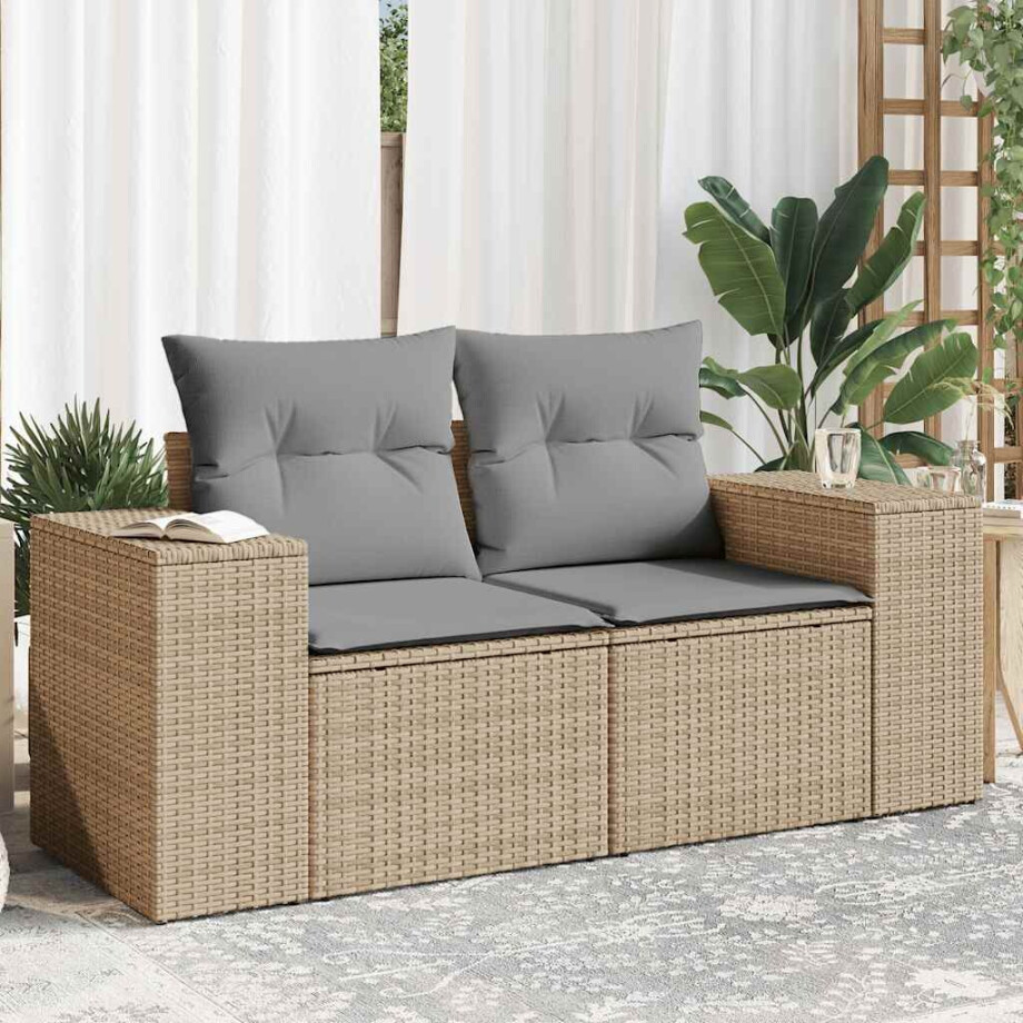 vidaXL Tuinbank 2-zits met kussens poly rattan beige afbeelding 1
