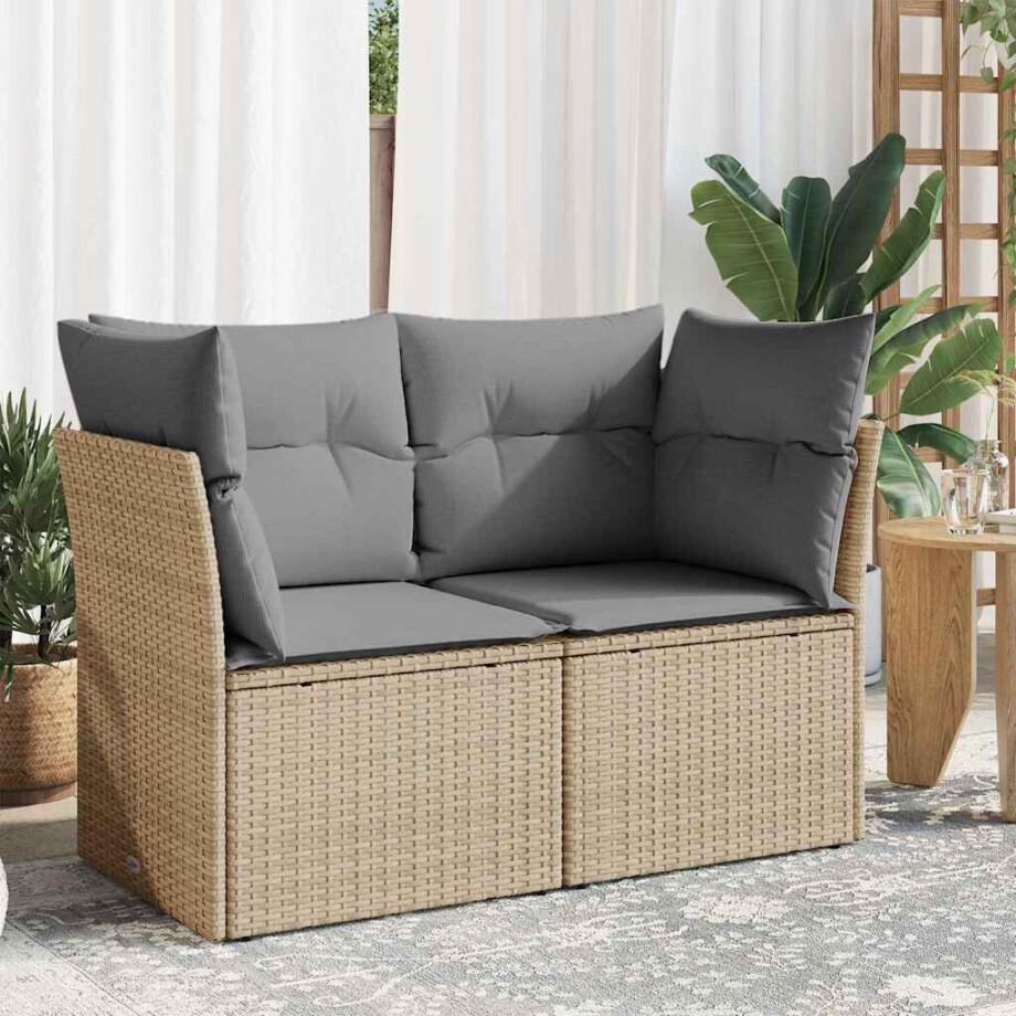 vidaXL Tuinbank 2-zits met kussens poly rattan beige afbeelding 1