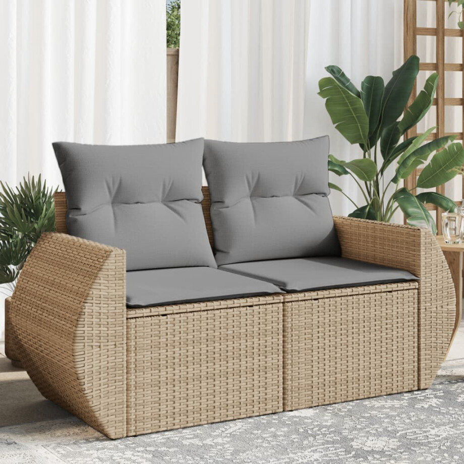 vidaXL Tuinbank 2-zits met kussens poly rattan beige afbeelding 1