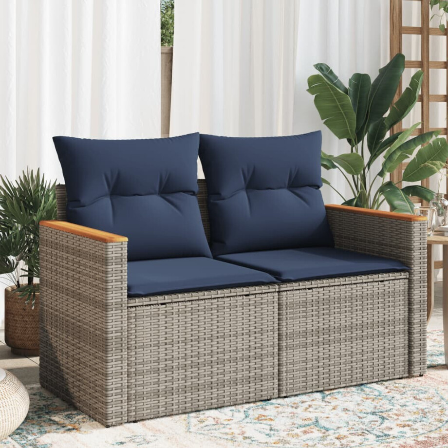 vidaXL Tuinbank 2-zits met kussens poly rattan grijs afbeelding 1
