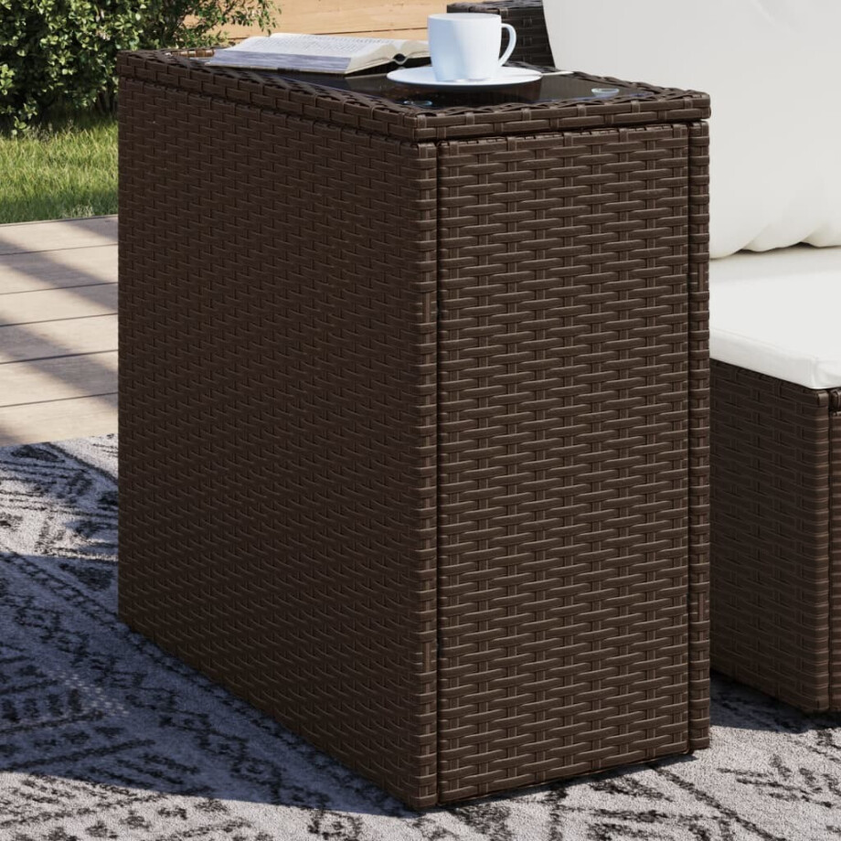 vidaXL Tuinbijzettafel met glazen blad 58x27,5x55 cm poly rattan bruin afbeelding 1