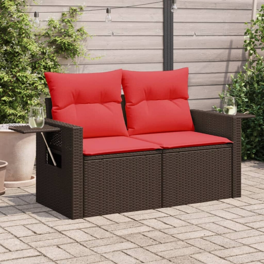 vidaXL Tuinbank 2-zits met kussens poly rattan bruin afbeelding 1
