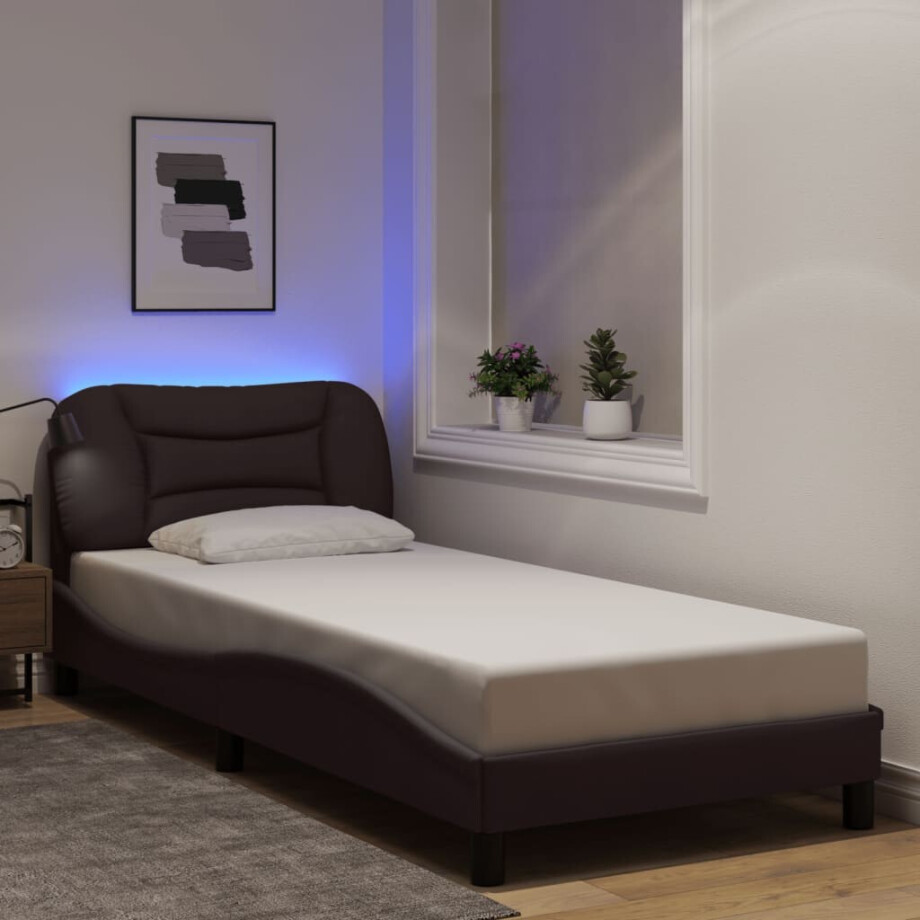 vidaXL Bedframe met LED zonder matras "Hvar" 90x190 cm stof donkerbruin vidaXL Bedframe met LED zonder matras "Hvar" 90x190 cm stof donkerbruin afbeelding 1