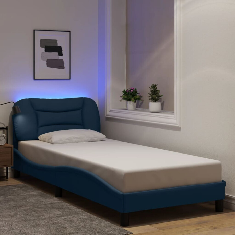 vidaXL Bedframe met LED zonder matras "Hvar" 90x190 cm stof blauw afbeelding 1