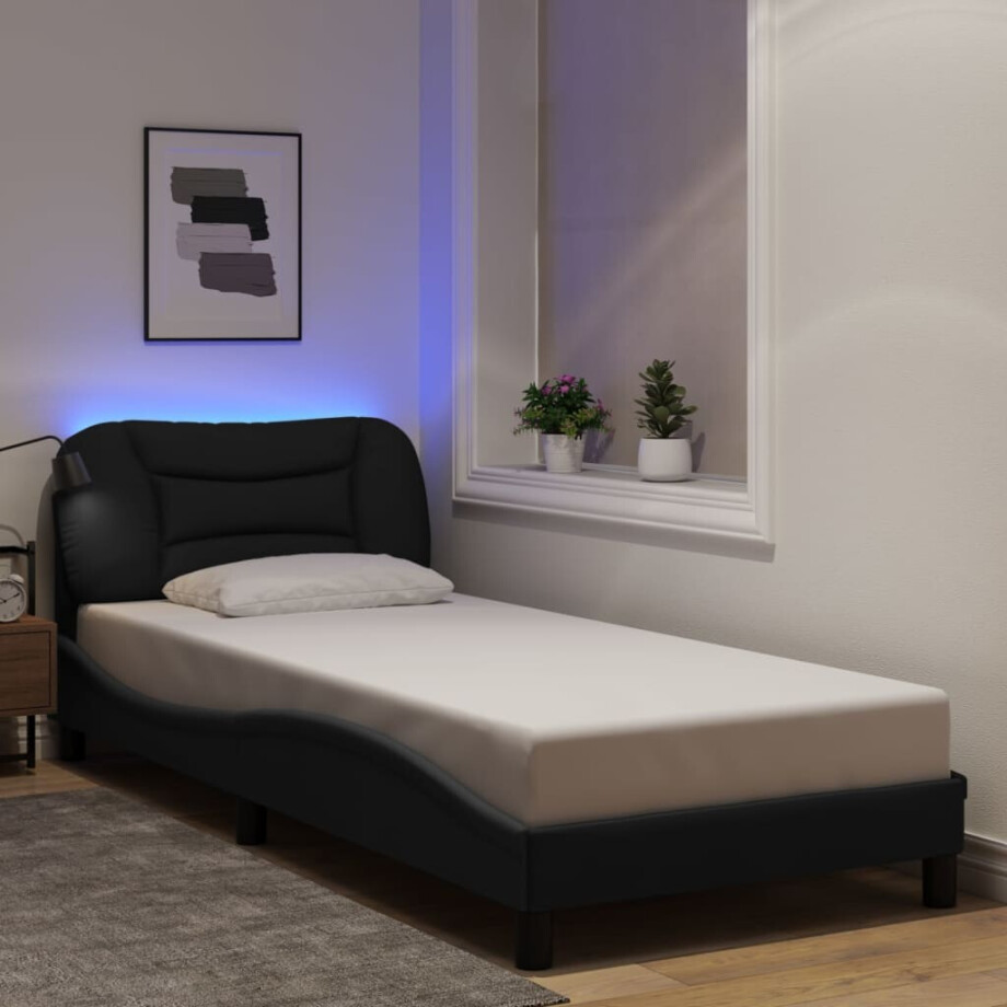 vidaXL Bedframe met LED zonder matras "Hvar" 90x200 cm stof zwart afbeelding 1
