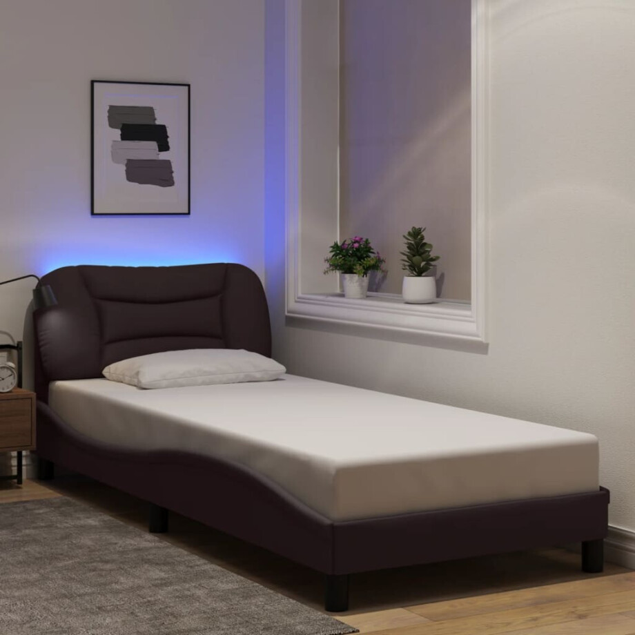 vidaXL Bedframe met LED zonder matras "Hvar" 90x200 cm stof donkerbruin afbeelding 1