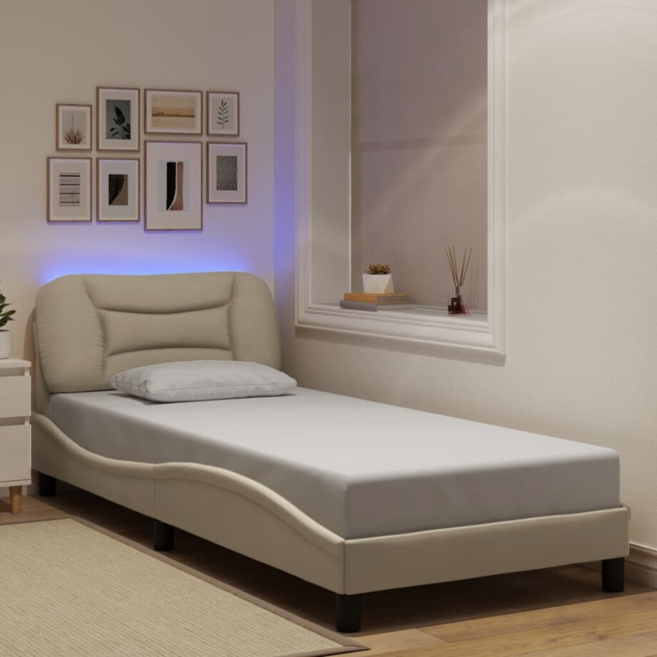 vidaXL Bedframe met LED zonder matras "Hvar" 90x200 cm stof crèmekleurig afbeelding 1
