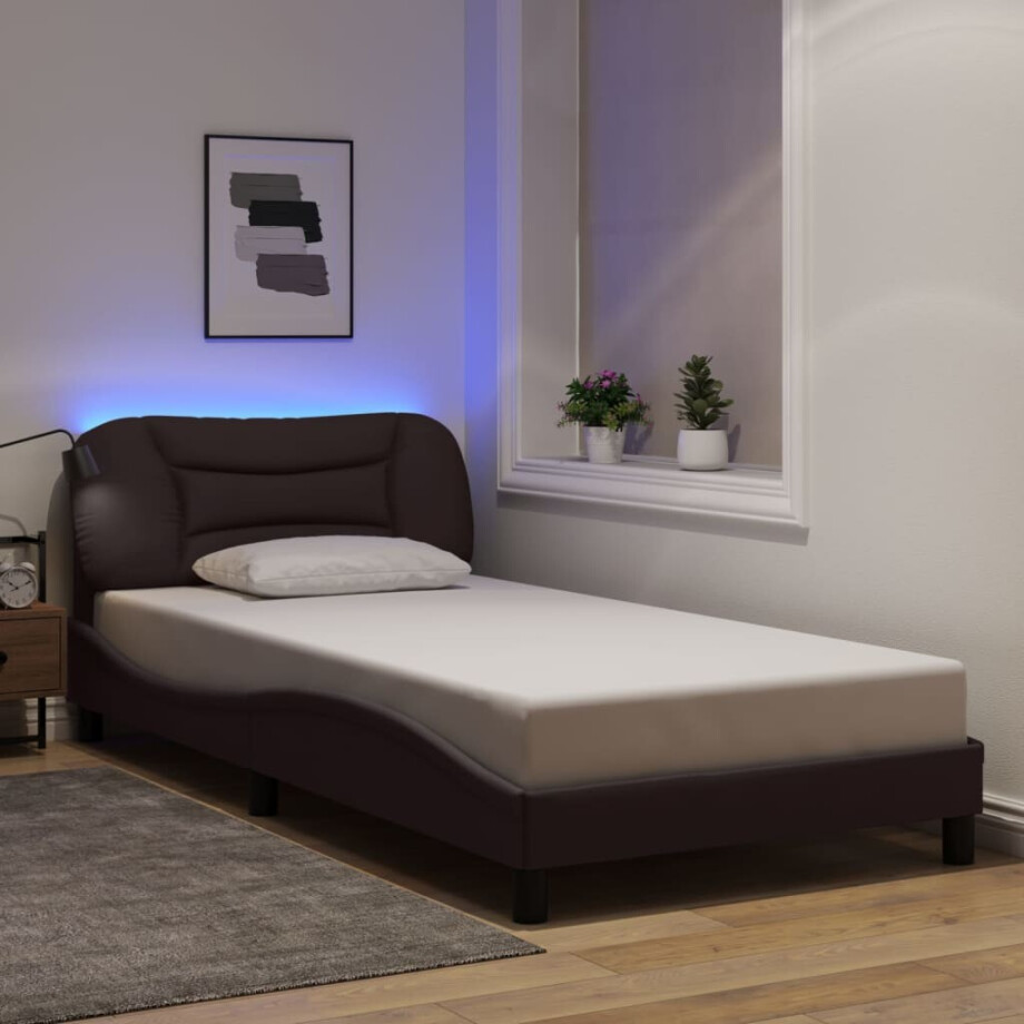 vidaXL Bedframe met LED zonder matras "Hvar" 100x200 cm stof donkerbruin afbeelding 1