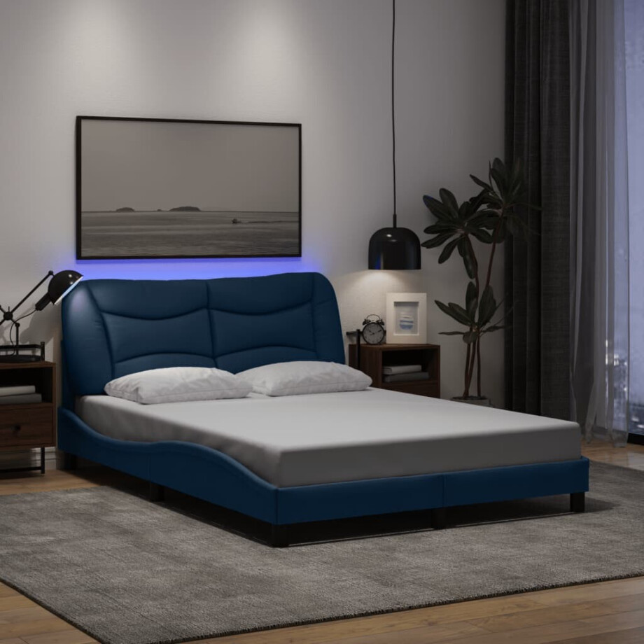 vidaXL Bedframe met LED zonder matras "Hvar" 140x200 cm stof blauw afbeelding 1