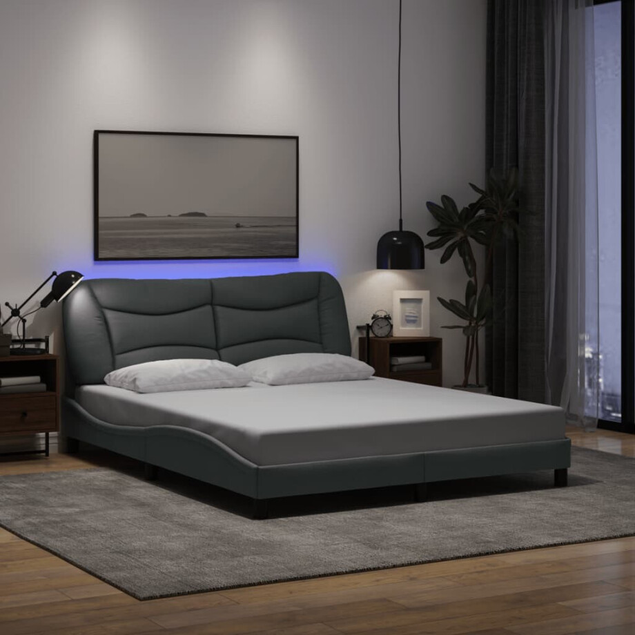 vidaXL Bedframe met LED zonder matras "Hvar" 160x200 cm stof lichtgrijs afbeelding 1