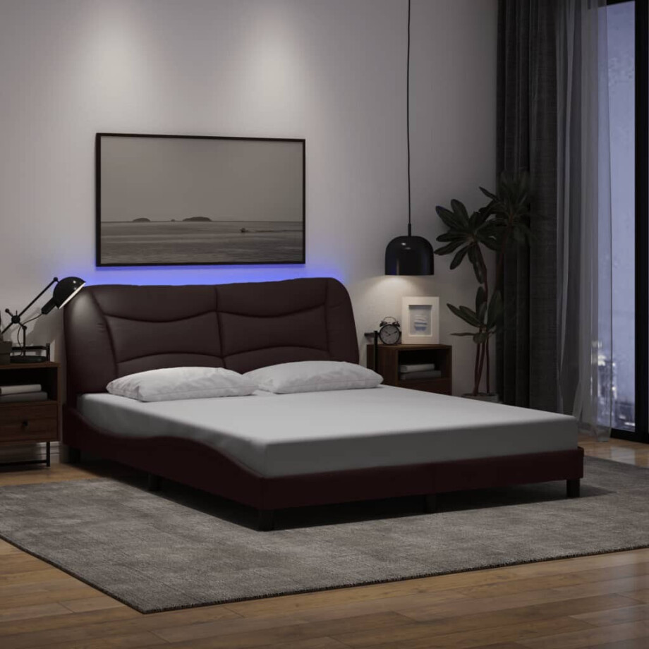 vidaXL Bedframe met LED zonder matras "Hvar" 160x200 cm stof donkerbruin afbeelding 1