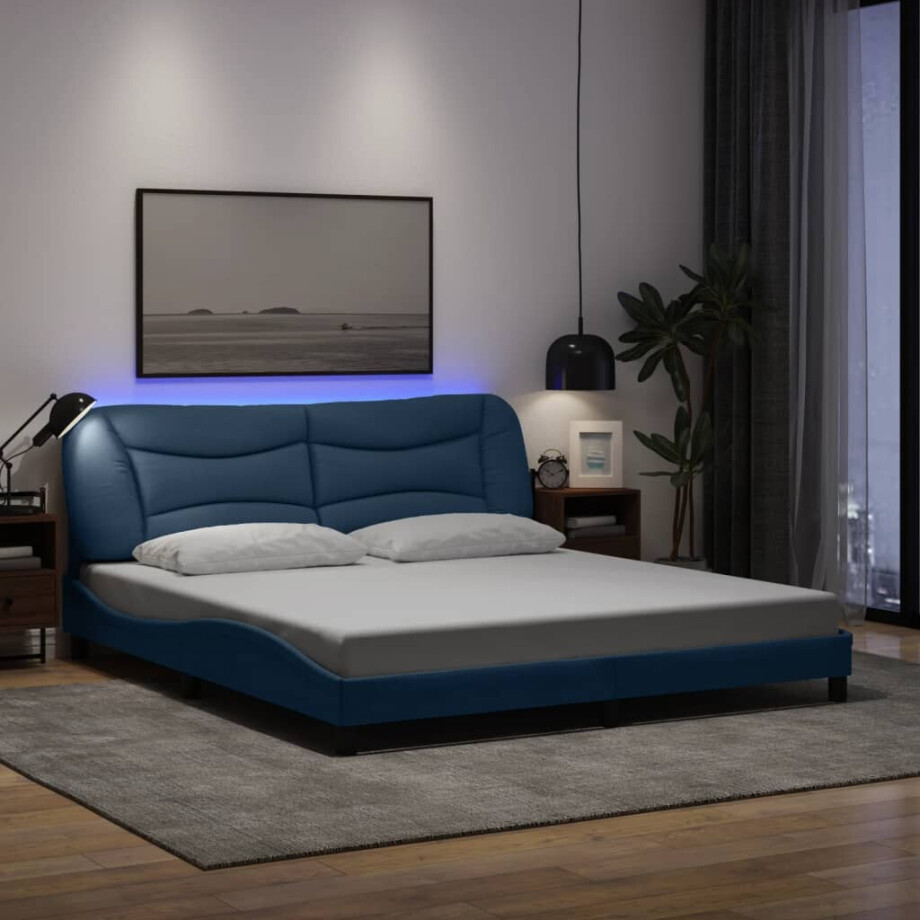 vidaXL Bedframe met LED zonder matras "Hvar" 180x200 cm stof blauw vidaXL Bedframe met LED zonder matras "Hvar" 180x200 cm stof blauw afbeelding 1