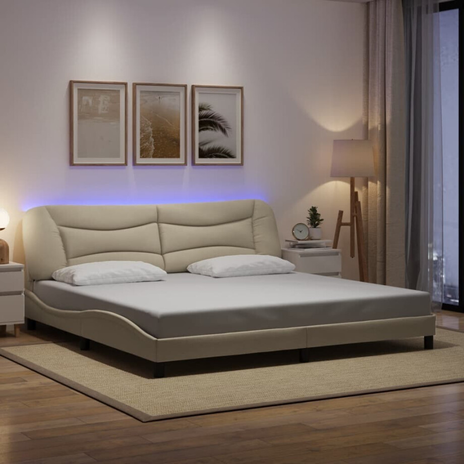 vidaXL Bedframe met LED zonder matras "Hvar" 200x200 cm stof crèmekleurig afbeelding 1