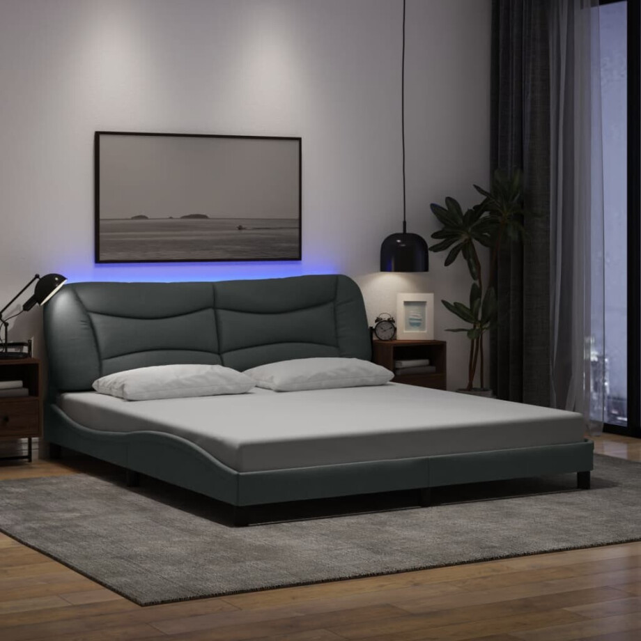 vidaXL Bedframe met LED zonder matras "Hvar" stof lichtgrijs 183x213 cm afbeelding 1