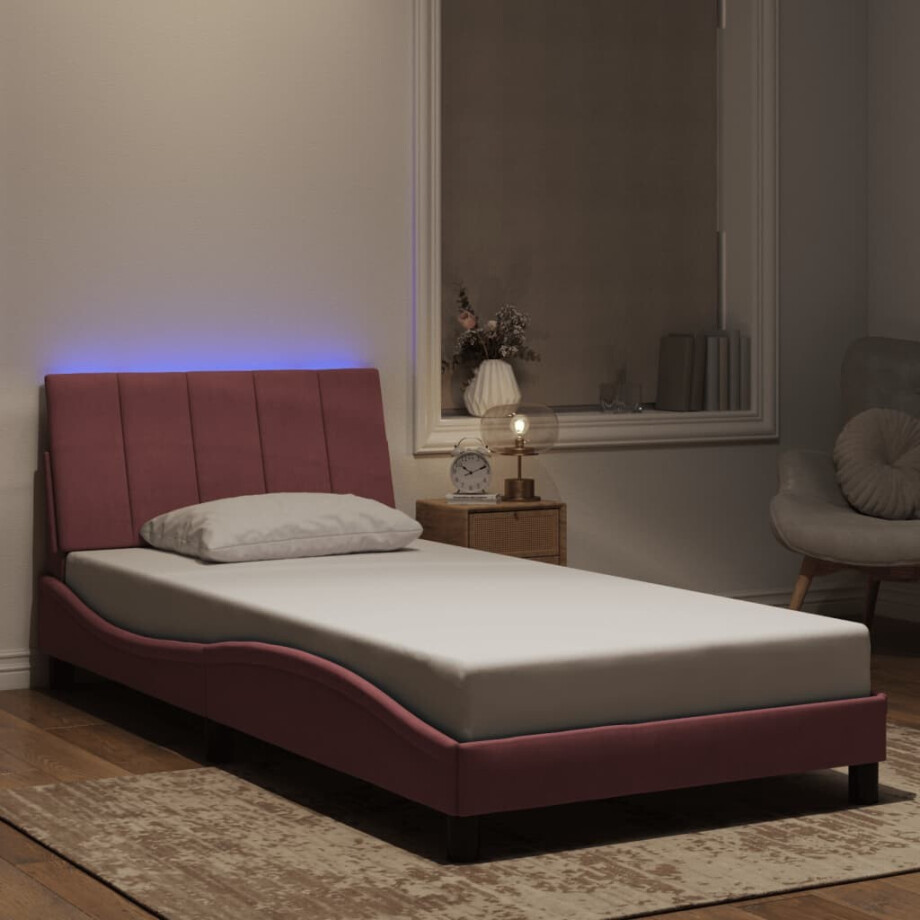 vidaXL Bedframe met LED zonder matras "Hanko" fluweel roze 100x200 cm afbeelding 1