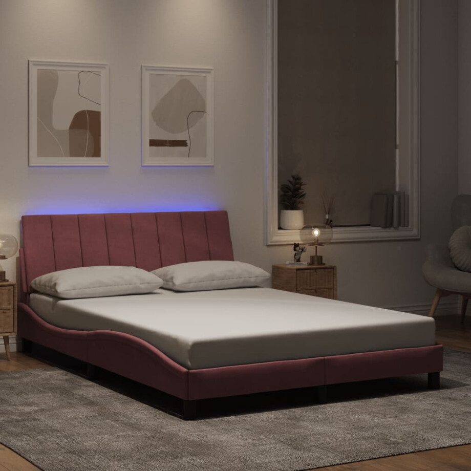 vidaXL Bedframe met LED zonder matras "Hanko" fluweel roze 140x200 cm vidaXL Bedframe met LED zonder matras "Hanko" fluweel roze 140x200 cm afbeelding 1