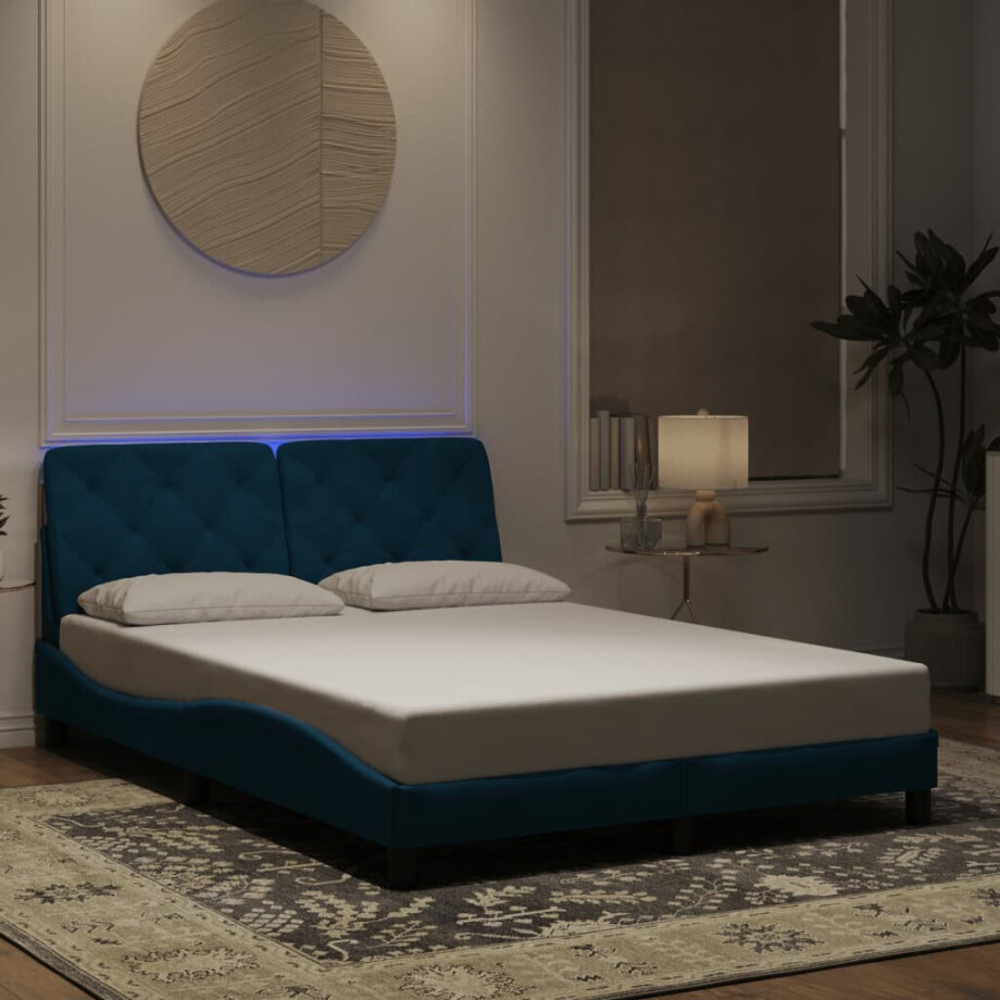 vidaXL Bedframe met LED zonder matras fluweel blauw 140x190 cm afbeelding 1