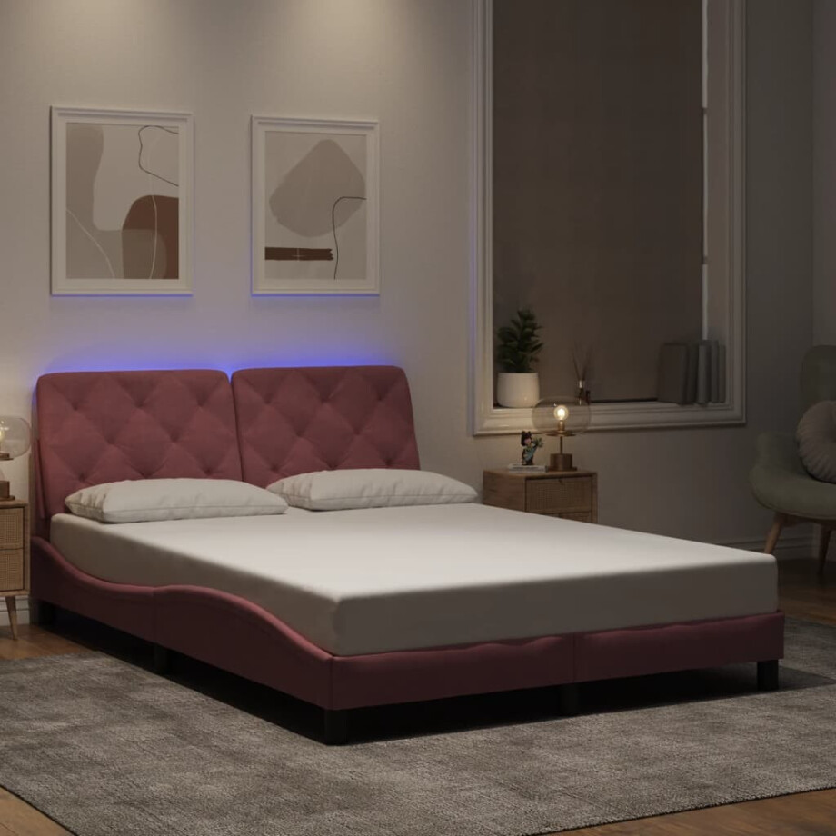 vidaXL Bedframe met LED zonder matras fluweel roze 140x200 cm afbeelding 1