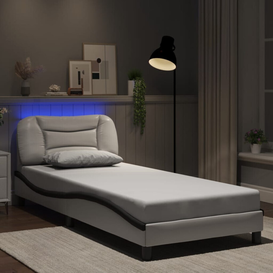 vidaXL Bedframe met LED zonder matras "Hvar" kunstleer wit en zwart 80x200 cm vidaXL Bedframe met LED zonder matras "Hvar" kunstleer wit en zwart 80x200 cm afbeelding 1