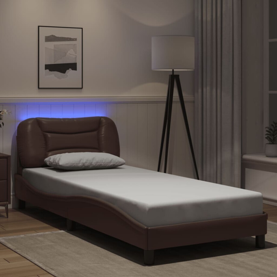 vidaXL Bedframe met LED zonder matras "Hvar" kunstleer bruin 90x190 cm afbeelding 1