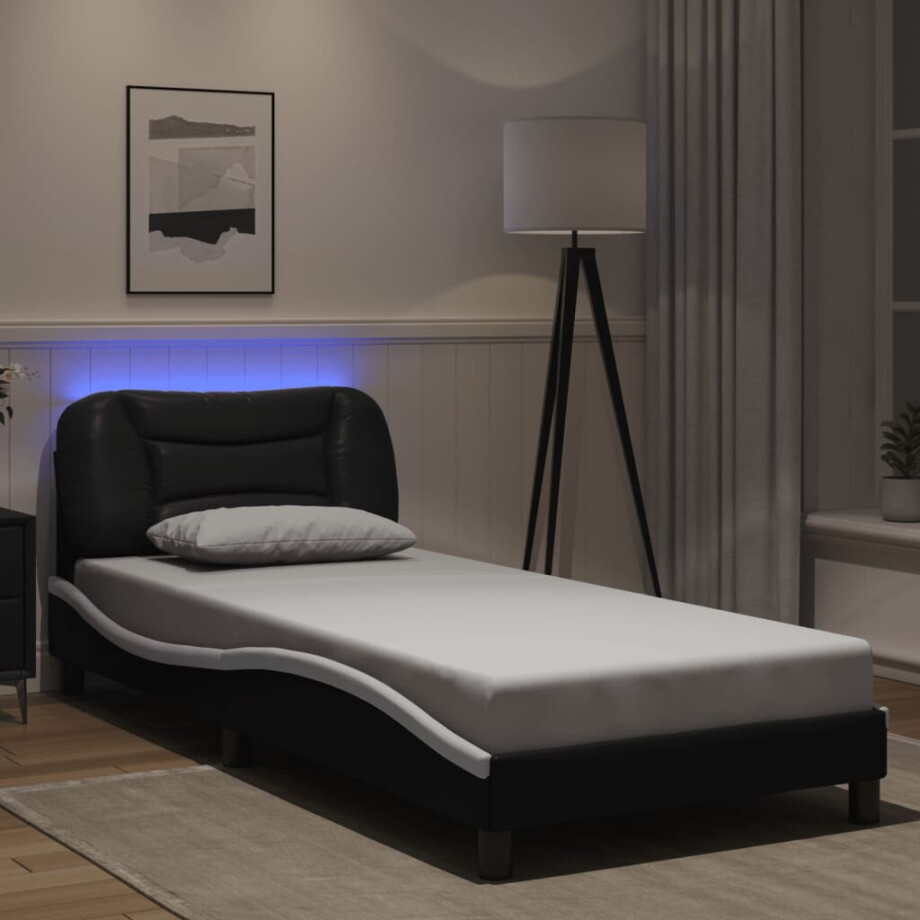 vidaXL Bedframe met LED zonder matras "Hvar" kunstleer zwart en wit 90x190 cm afbeelding 1