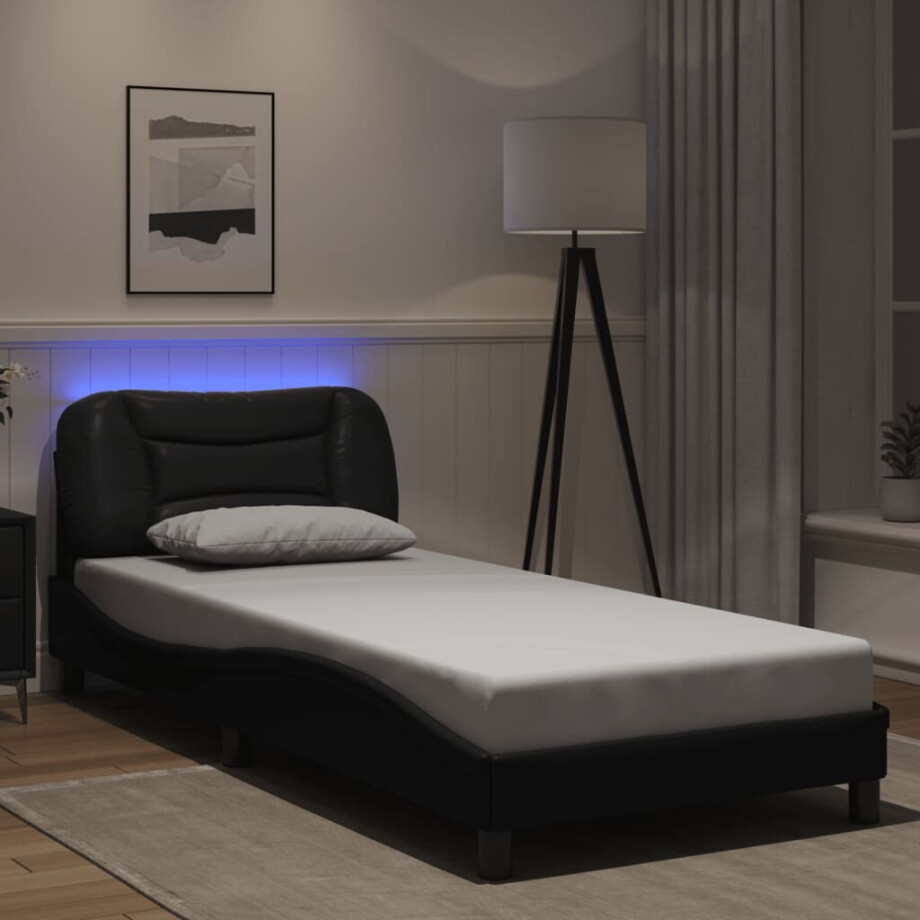 vidaXL Bedframe met LED zonder matras "Hvar" kunstleer zwart 90x200 cm vidaXL Bedframe met LED zonder matras "Hvar" kunstleer zwart 90x200 cm afbeelding 1