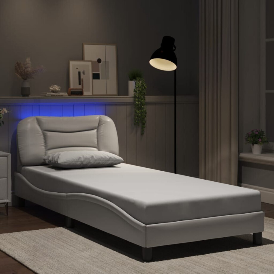 vidaXL Bedframe met LED zonder matras "Hvar" kunstleer wit 90x200 cm vidaXL Bedframe met LED zonder matras "Hvar" kunstleer wit 90x200 cm afbeelding 1