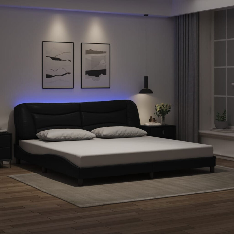 vidaXL Bedframe met LED zonder matras "Hvar" kunstleer zwart 200x200 cm vidaXL Bedframe met LED zonder matras "Hvar" kunstleer zwart 200x200 cm afbeelding 1