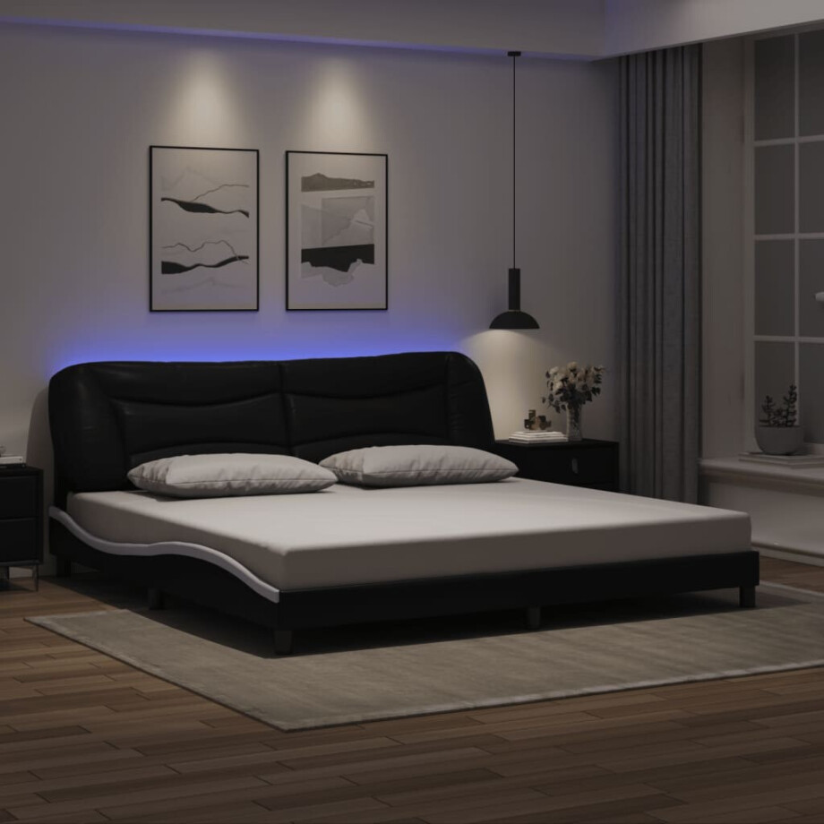 vidaXL Bedframe met LED zonder matras "Hvar" kunstleer zwart en wit 200x200 cm vidaXL Bedframe met LED zonder matras "Hvar" kunstleer zwart en wit 200x200 cm afbeelding 1