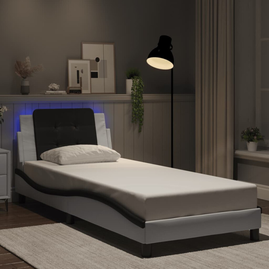 vidaXL Bedframe met LED zonder matras "Zadar" kunstleer wit en zwart 80x200 cm vidaXL Bedframe met LED zonder matras "Zadar" kunstleer wit en zwart 80x200 cm afbeelding 1