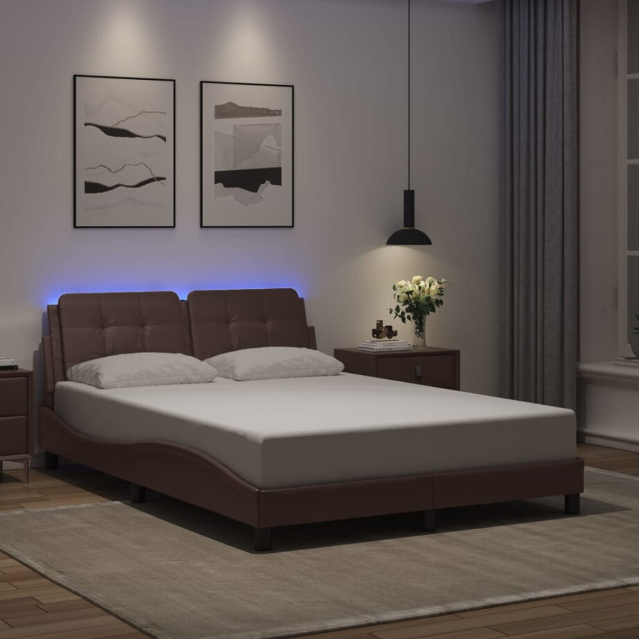 vidaXL Bedframe met LED zonder matras "Zadar" kunstleer bruin 140x200 cm afbeelding 1