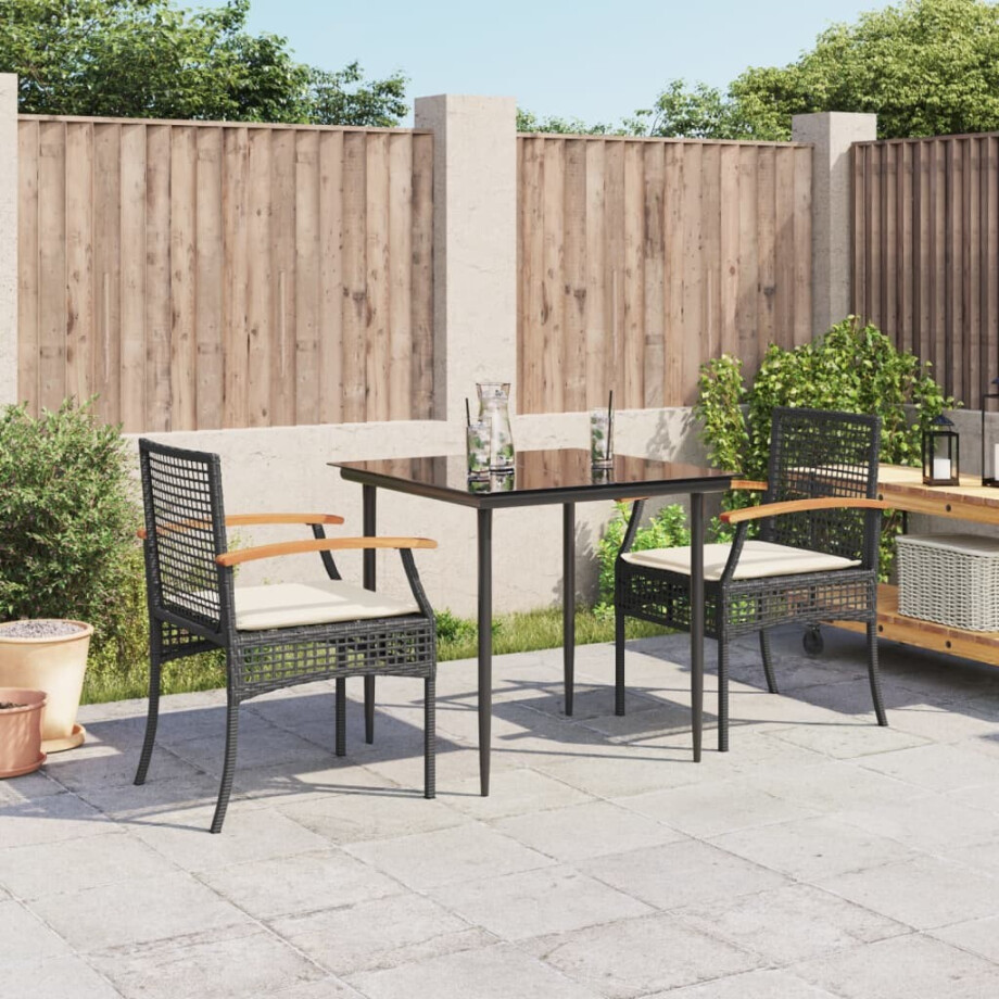 vidaXL 3-delige Tuinset met kussens poly rattan zwart afbeelding 1