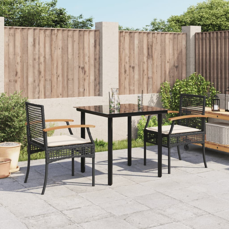 vidaXL 3-delige Tuinset met kussens poly rattan zwart afbeelding 1
