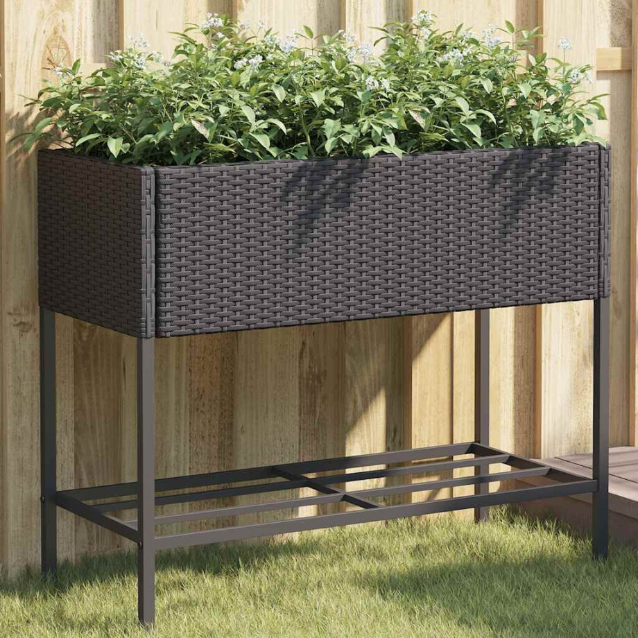 vidaXL Plantenbakken met schap 2 st 90x40x75 poly rattan zwart afbeelding 1