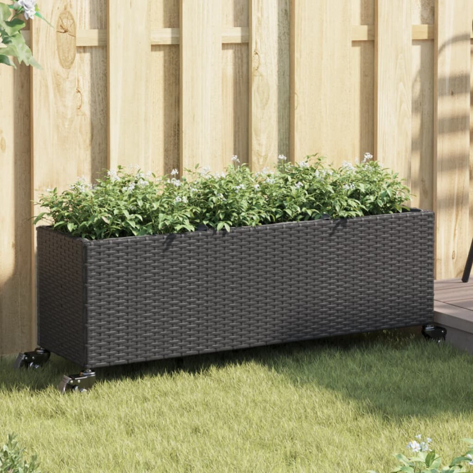 vidaXL Plantenbakken met wielen 2 st 107x32x38 cm poly rattan zwart afbeelding 1
