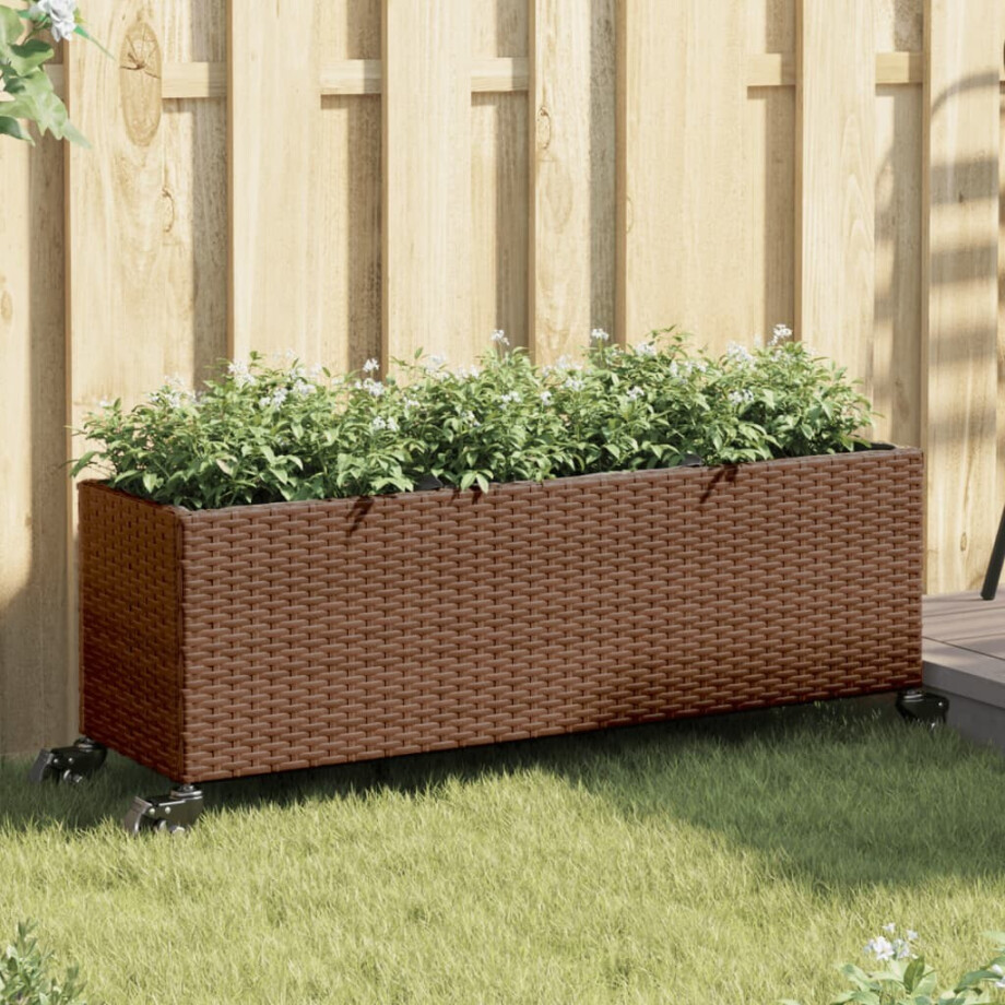 vidaXL Plantenbakken met wielen 2 st 107x32x38 cm poly rattan bruin afbeelding 1