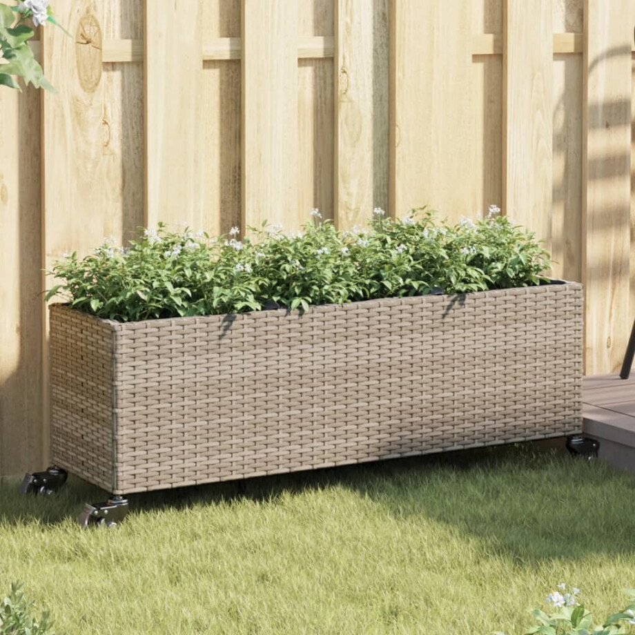 vidaXL Plantenbakken met wielen 2 st 107x32x38 cm poly rattan grijs afbeelding 1