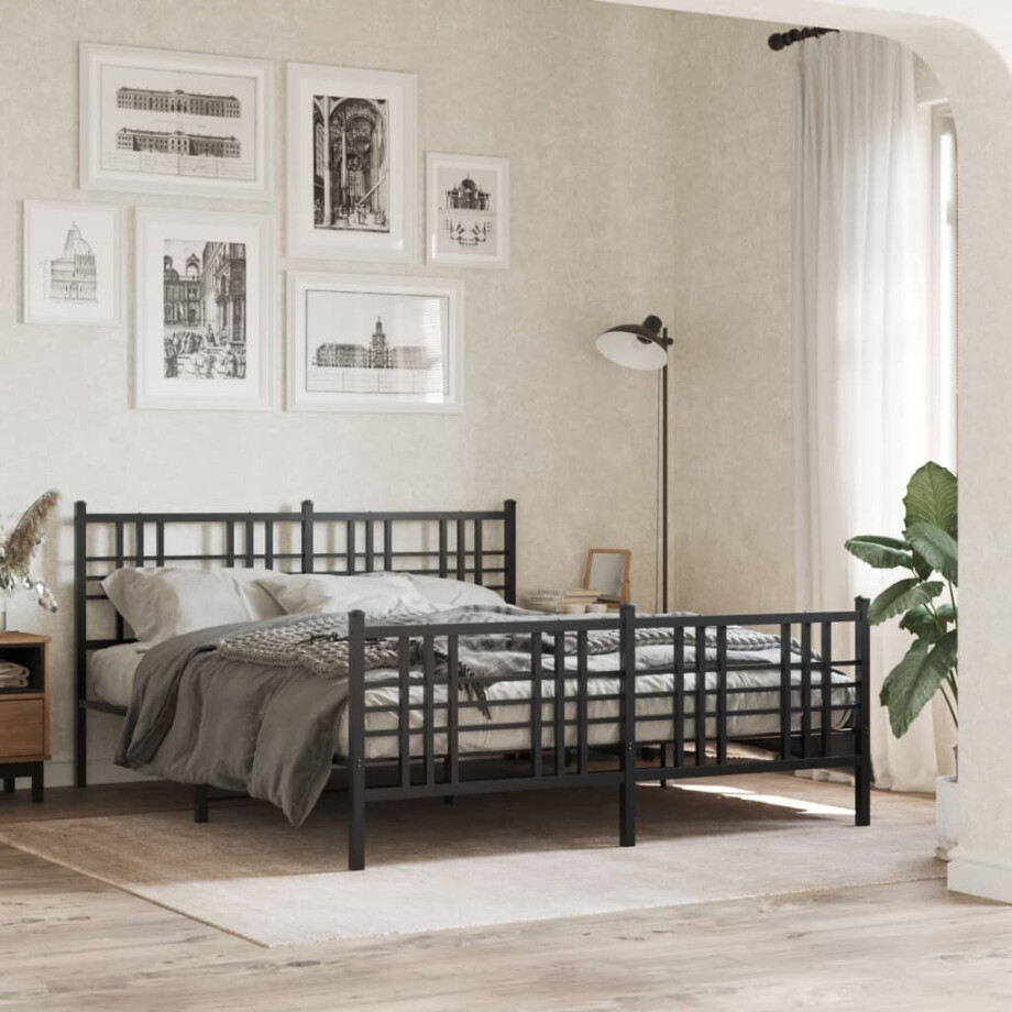 vidaXL Bedframe met hoofd- en voeteneinde metaal zwart 150x200 cm afbeelding 1