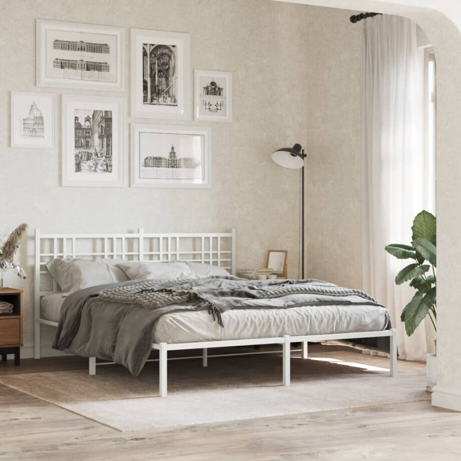 vidaXL Bedframe met hoofdbord metaal wit 150x200 cm afbeelding 1