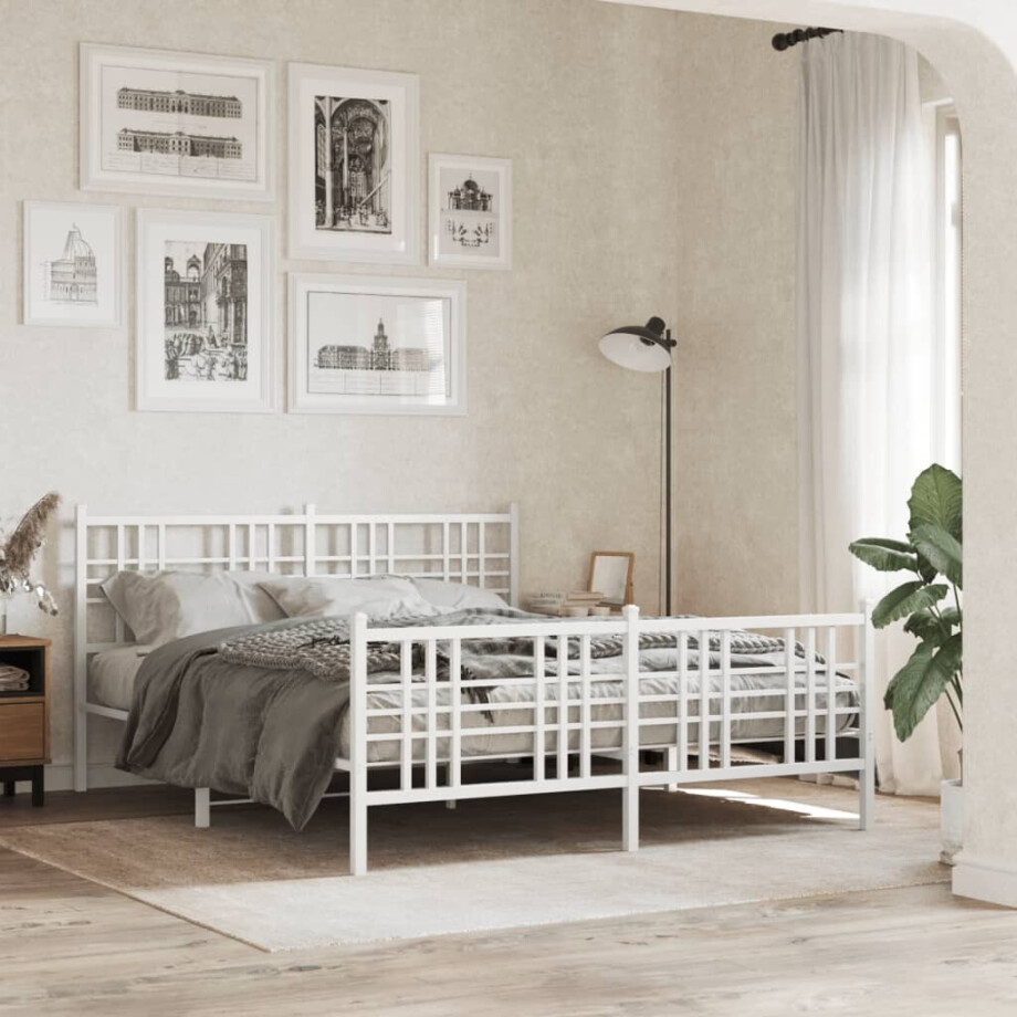vidaXL Bedframe met hoofd- en voeteneinde metaal wit 150x200 cm afbeelding 1