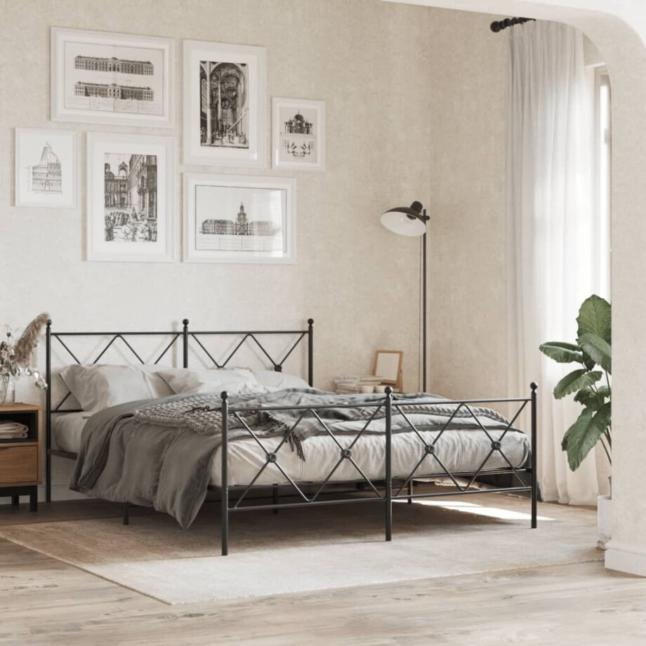 vidaXL Bedframe met hoofd- en voeteneinde metaal zwart 150x200 cm afbeelding 1
