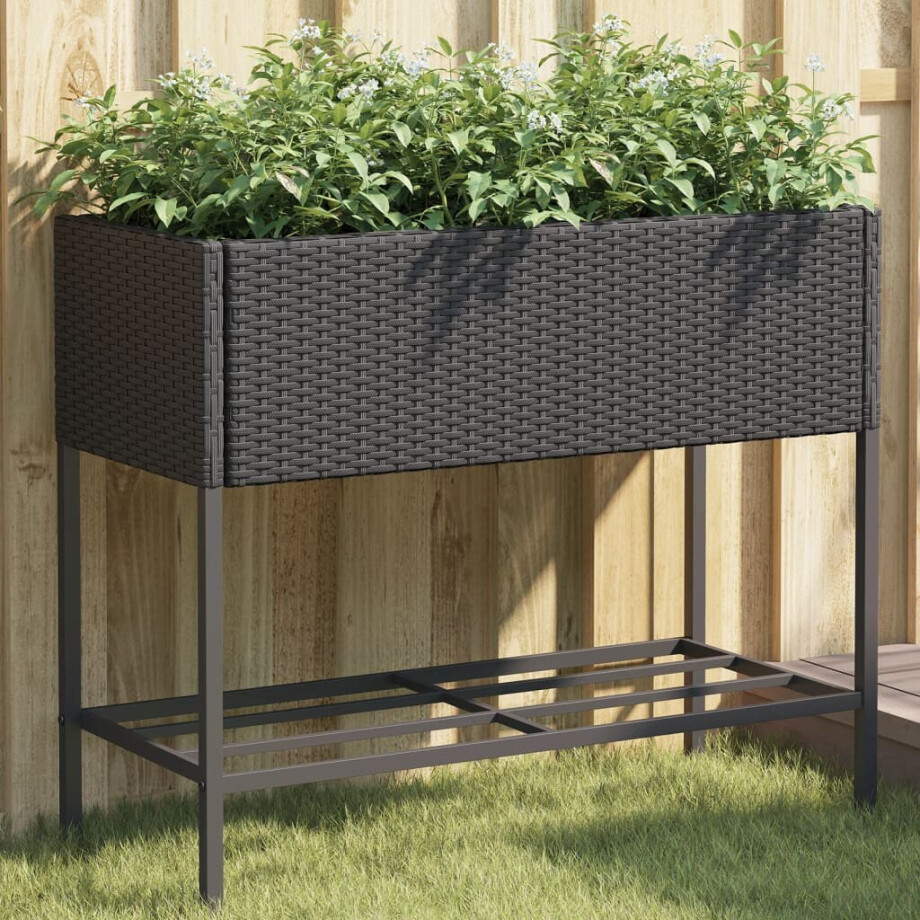 vidaXL Plantenbak met schap poly rattan zwart afbeelding 1