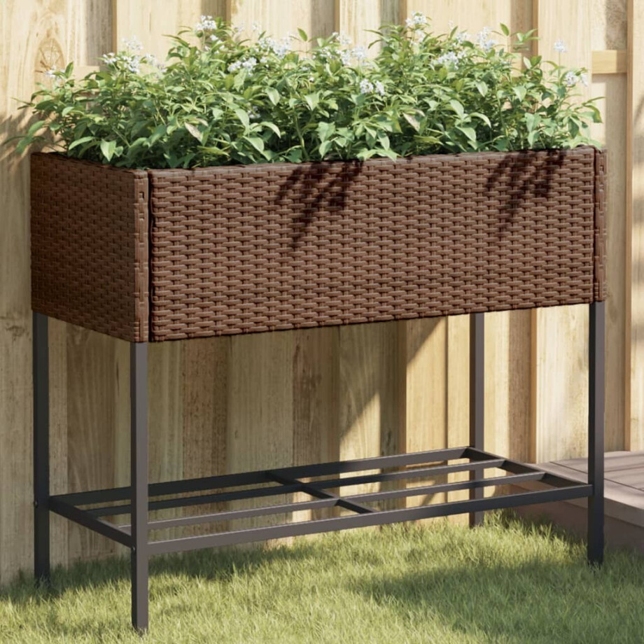 vidaXL Plantenbak met schap poly rattan bruin vidaXL Plantenbak met schap poly rattan bruin afbeelding 1