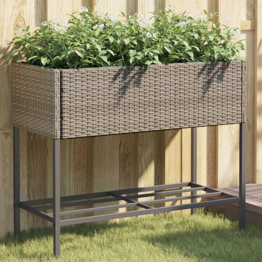 vidaXL Plantenbak met schap poly rattan grijs afbeelding 1