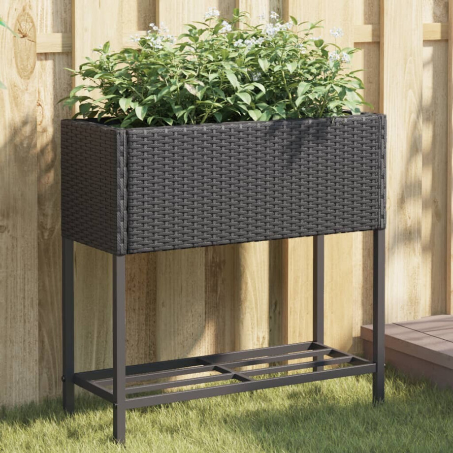 vidaXL Plantenbak met schap poly rattan zwart vidaXL Plantenbak met schap poly rattan zwart afbeelding 1