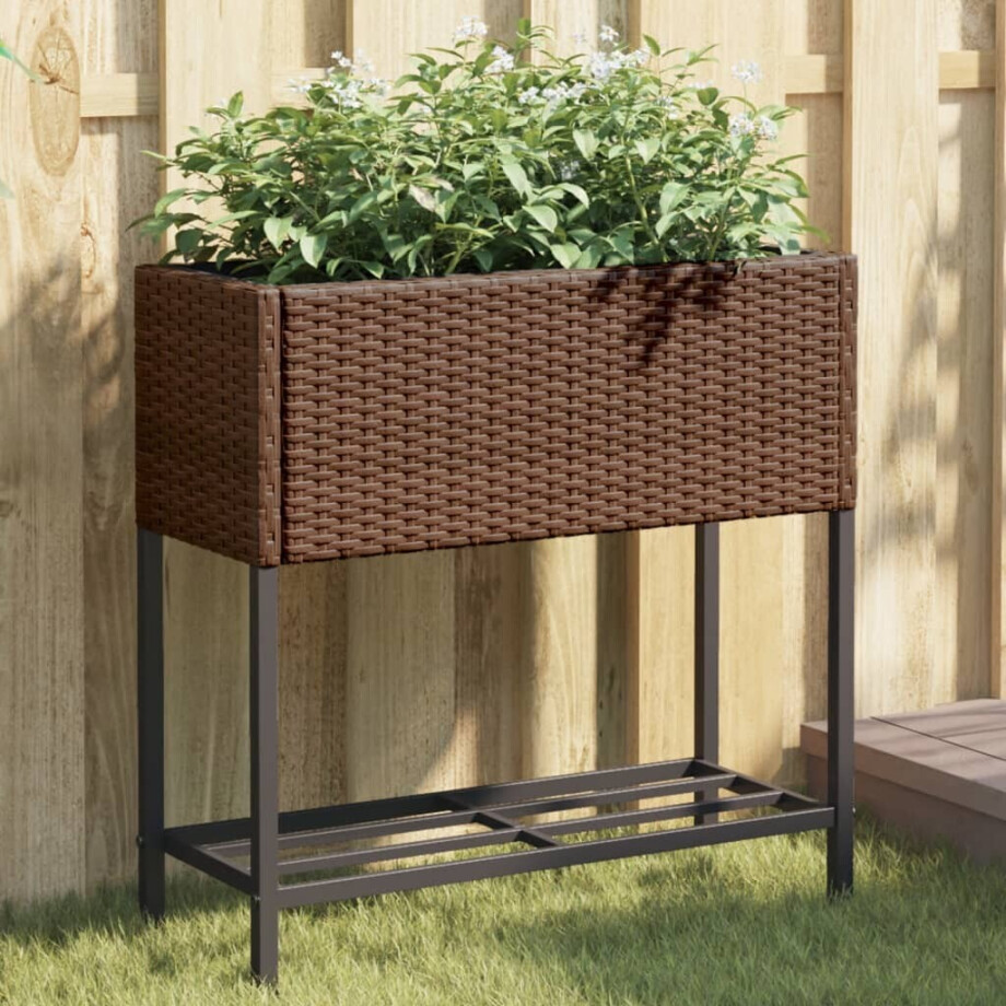 vidaXL Plantenbak met schap poly rattan bruin vidaXL Plantenbak met schap poly rattan bruin afbeelding 1