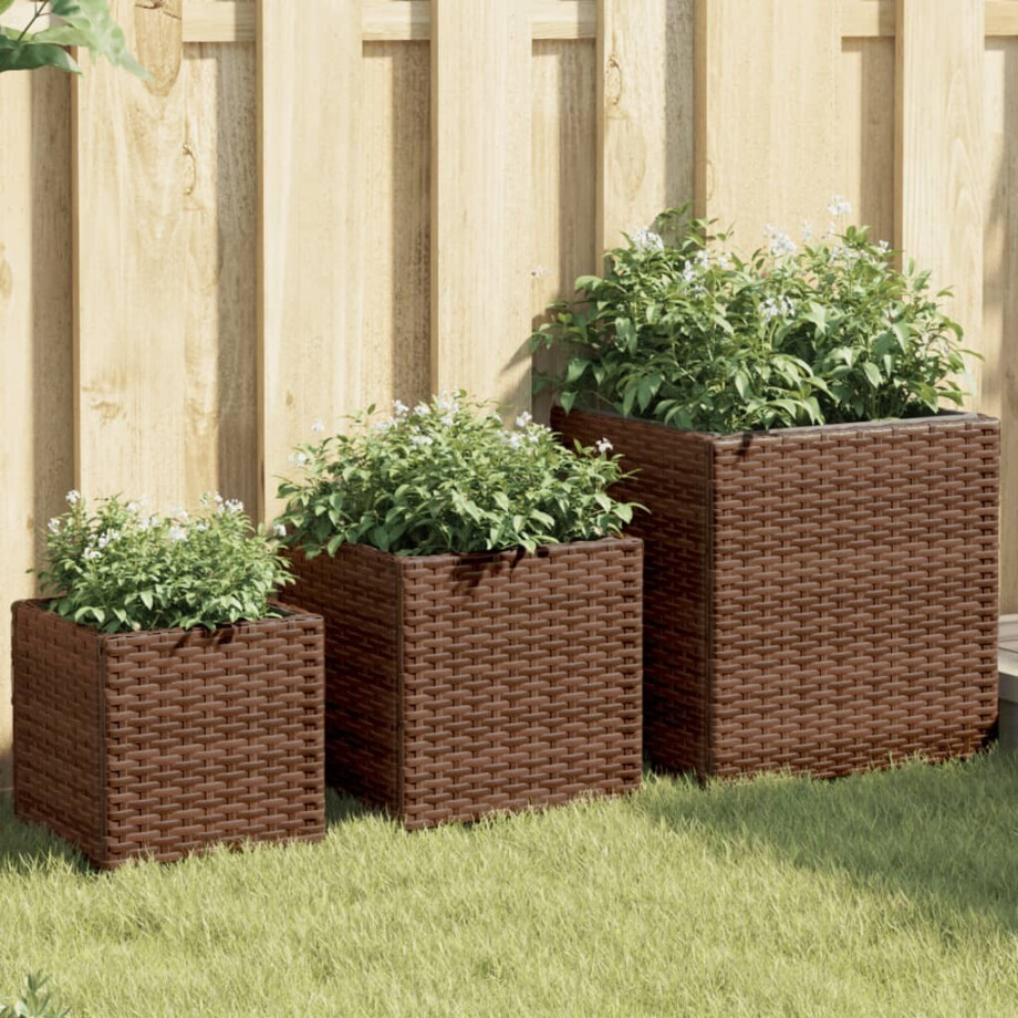 vidaXL Plantenbakken 3 st poly rattan bruin afbeelding 1