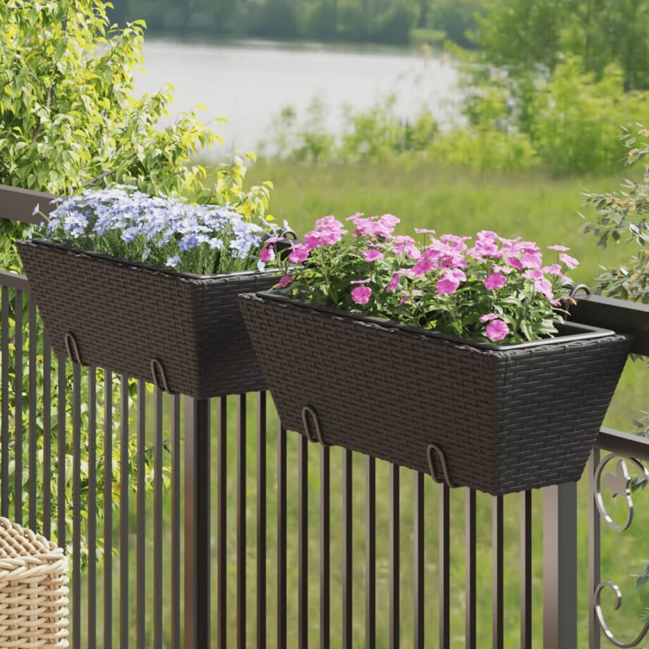 vidaXL Plantenbakken 2 st met haken poly rattan zwart vidaXL Plantenbakken 2 st met haken poly rattan zwart afbeelding 1