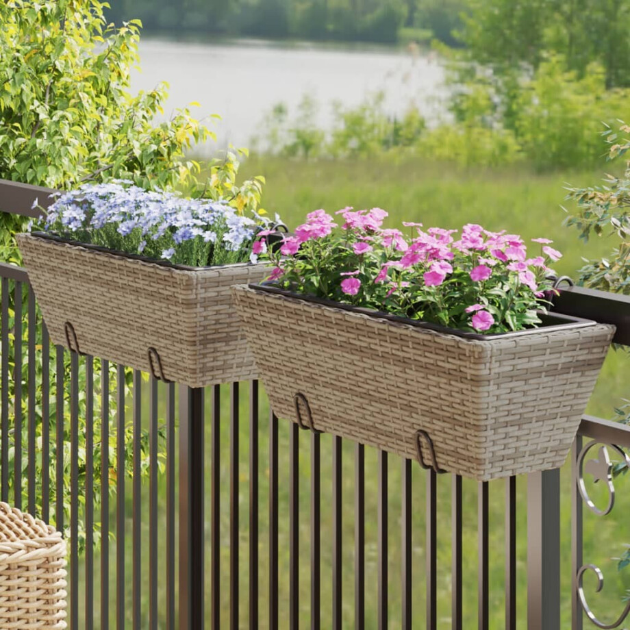 vidaXL Plantenbakken 2 st met haken poly rattan grijs afbeelding 1