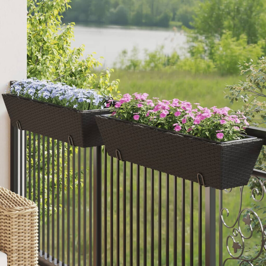 vidaXL Plantenbakken 2 st met haken poly rattan zwart afbeelding 1
